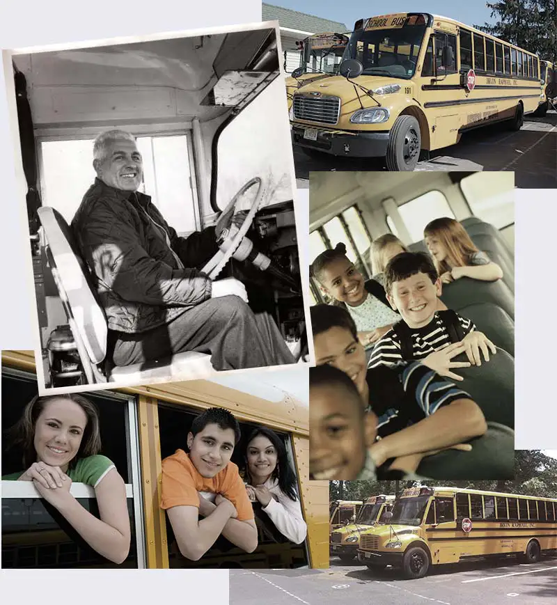 Collage of images including bus driver and students